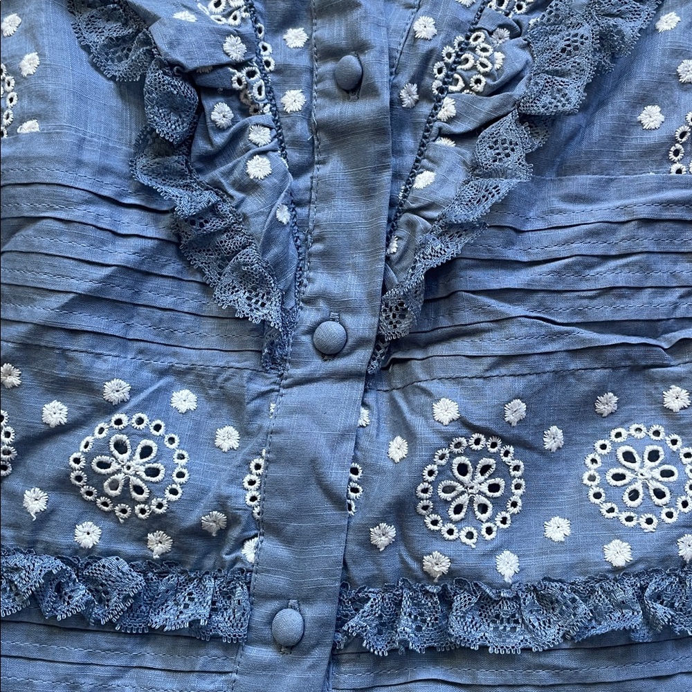 Sezane Nele embroidered vintage ruffle blue cropped shirt. NWT!! - Picture 6 of 16